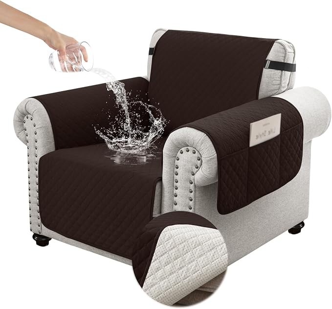 100% Waterproof Couch Cover for Dogs with Non-Slip & Side Pockets 23", Furniture Protector Sofa Covers, Washable Cushion Covers for Pets Kids Cat-Armchair Chocolate