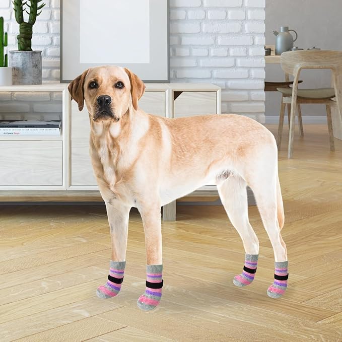 KOOLTAIL Anti Slip Dog Socks for Hot/Clod Pavement to Prevent Licking Paws with Grippers, 3 Pairs Paw Protector, Double Sides Stripe Dog Shoes Toe Grips for Small Medium Large Senior Dogs