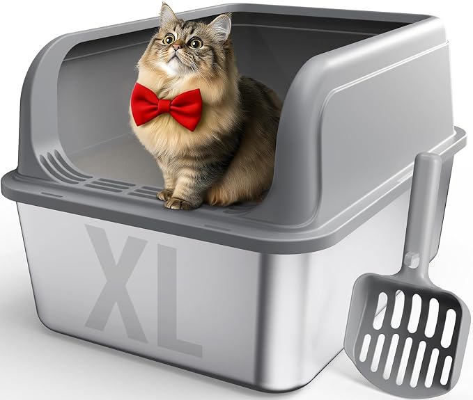 Powools Stainless Steel Cat Litter Box, High-Sided, Grey, XL (1 Pack) | Metal Litter Box with Scoop, Anti-Leakage Top Entry, Non-Sticky, Easy to Clean, 6-Inch Splash-Proof Deep Pan