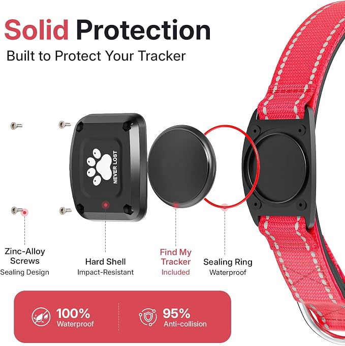 GPS Dog Collar Tracker 2-in-1,Reflective Waterproof Pet Collar,iOS-Only,No Monthly Fees,Unlimited Range,Dog Tracking Collar Pet Tracker,for Small Medium Large Dogs(L (16.5"-23.5"), Red)