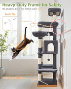 Taoqimiao Heavy-Duty Cat Tree, 71 in Cat Tower for Large Cats 20lbs+ | 3 Giant Multi-Tier Perches, Widened Cat Condo with 9 Scratching Posts, Plush Hammock & Basket, Toys, Smoky Gray, MS034G