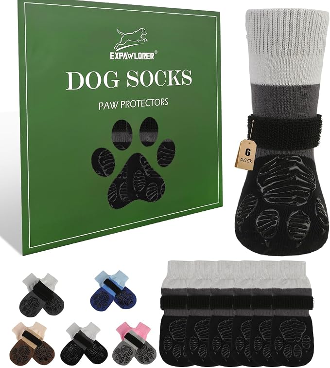 EXPAWLORER Non-Slip Dog Socks for Hardwood Floors to Prevent Licking, Dog Shoes for Hot Pavement Quick Walking, Dog Booties Boots & Paw Protectors with Grippers for Small Medium Large Senior Dogs XL