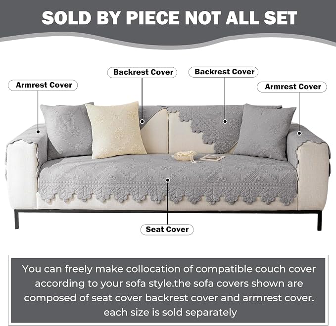 Cotton Quilted Dog Couch Cover for Sofa Farmhouse Rustic Embroidery Sectional Couch Cover Soft Anti-Slip Sofa Slipcover Furniture Protector for Kids, Pets (Grey,36"x82")