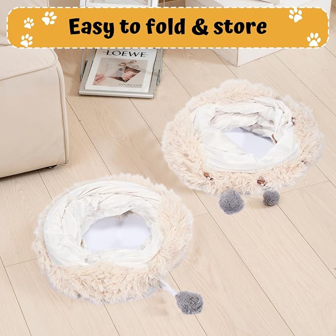 Avont Cat Tunnel Bed, Washable Cushion, Large 3-in-1 Play Tube for Cats | Play, Rest & Snuggle | Spacious for Big Cats | Durable Toggle Design | Removable Washable Cushion | Beige