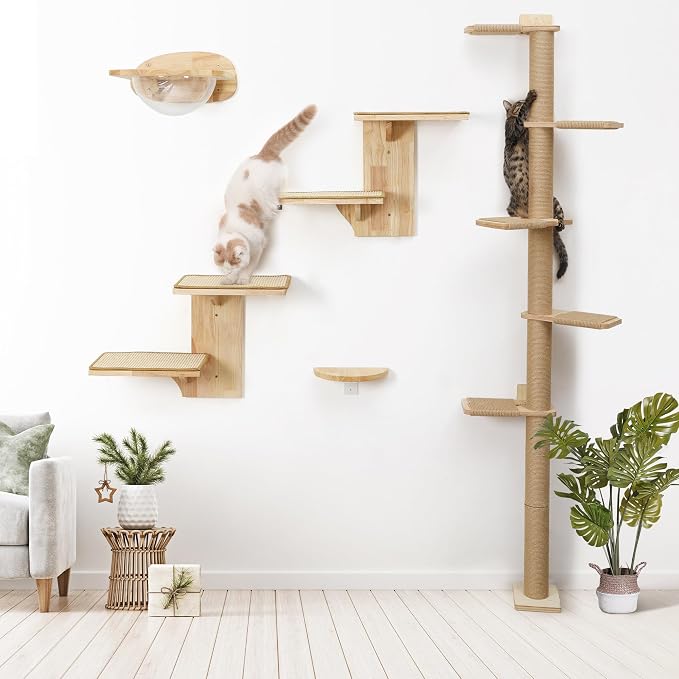 FUKUMARU Wall-Mounted Cat Tree for Small & Medium Cats | 5-Tier Tall, Scratching Post, Indoor Cat Wall Shelves, Climbing Tower, For Climbing, Scratching & Lookout