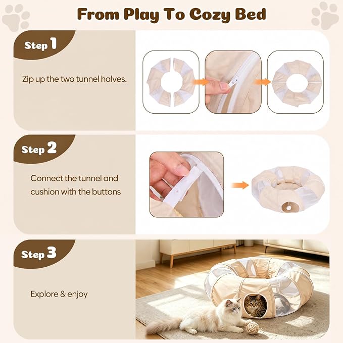 Ownpets Collapsible Cat Tunnel Toy - 2-in-1 Interactive Play Tunnel for Cat up to 18 lbs, Tear-Resistant Mesh, Fold to 2 Inches Thick, Portable Cat Exercise & Entertainment Tunnel, 12" Diameter, Khaki
