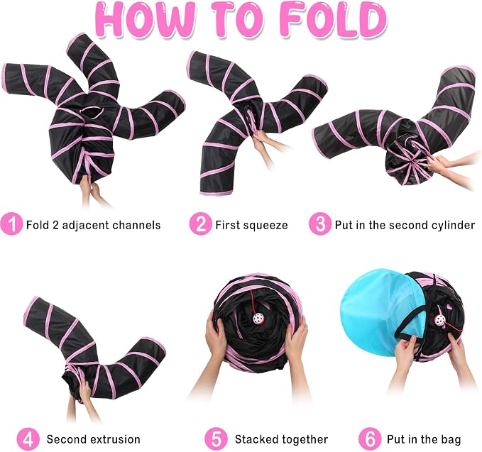 Poen 21 Pcs Cat Tunnel for Indoor Set Collapsible 5 Way Tubes with 20 Pcs Cat Kitten Toys Interactive Feather Toy Mouse Crinkle Balls Tube for Puppy Kitten Rabbit(Pink Black)