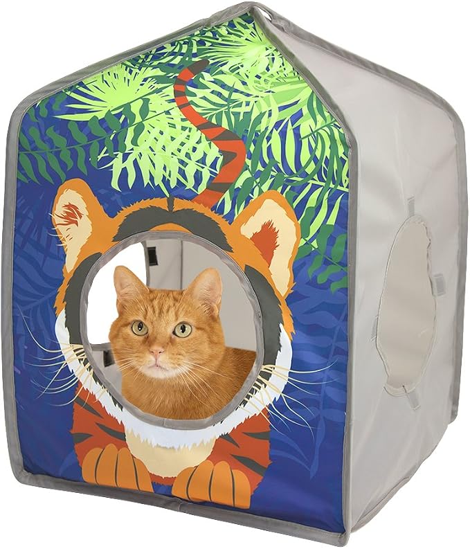 Kitty City Safari Jungle Tiger Pop-Up Cat House, Collapsible Indoor Cat Hideout with Peekaboo Openings, Lightweight Foldable Cat Playhouse