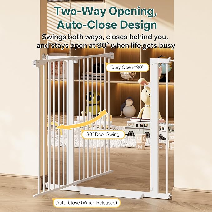 InnoTruth 29.6-39.1 in Wide x 35.5 in High Extra Tall Baby Gate, White | Indoor Metal Dog Gate for Stairs and Doorways, Auto Close Walk Through Door for Pets, Double Lock, Pressure or Hardware Mount