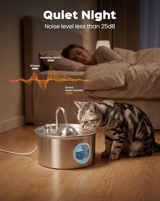 Pet Water Fountain Stainless Steel: 8 Filters + 8 Sponges Cat Fountains for Drinking - Metal Pet Fountain - Running PetFountain Filtered - DCTROD 88oz/2.6L Faucet Pet Bowl Dispenser Fountains
