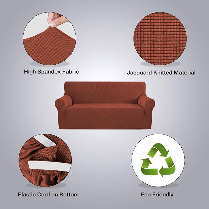 H.VERSAILTEX Stretch Sofa Covers for 3 Cushion Couch Covers Sofa Slipcovers for Living Room Feature Thick Checked Jacquard Fabric with Elastic Bottom, Sofa Large - Rust