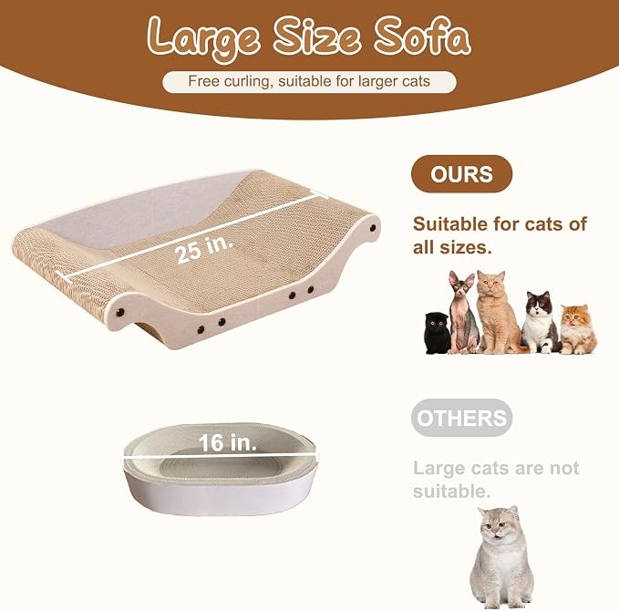Cat Scratcher Bed 25" Large Cardboard Cat Scratcher Couch | Cat Scratcher Sofa for Large Cats, Abrasion Resistant Curve Cardboard Cat Sofa, Widened Scratch Pad for cats with catnip