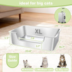 Low Entry Litter Box for Senior or Disabled & Injured Cats, Stainless Steel High Sided Enclosed Easy Step in Entry-Large Metal Kitty Litter Box for Kittens, Odor Control (23.6”x15.7”x5.9”)