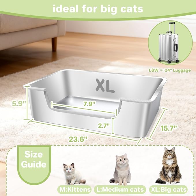 Low Entry Litter Box for Senior or Disabled & Injured Cats, Stainless Steel High Sided Enclosed Easy Step in Entry-Large Metal Kitty Litter Box for Kittens, Odor Control (23.6”x15.7”x5.9”)