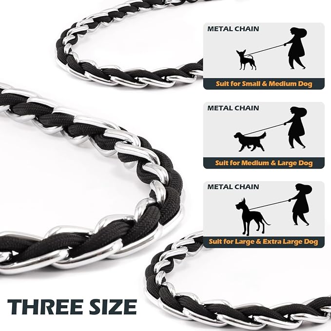 S-ETOVUS-Chain Dog Leash, Bite-Proof Metal Leash, with Padded Handle | Three Sizes 7.25FT/5.2FT/4FT, Woven From Nylon Rope And Chain, Durable And Bite-Resistant, Comfortable With Padded Handles