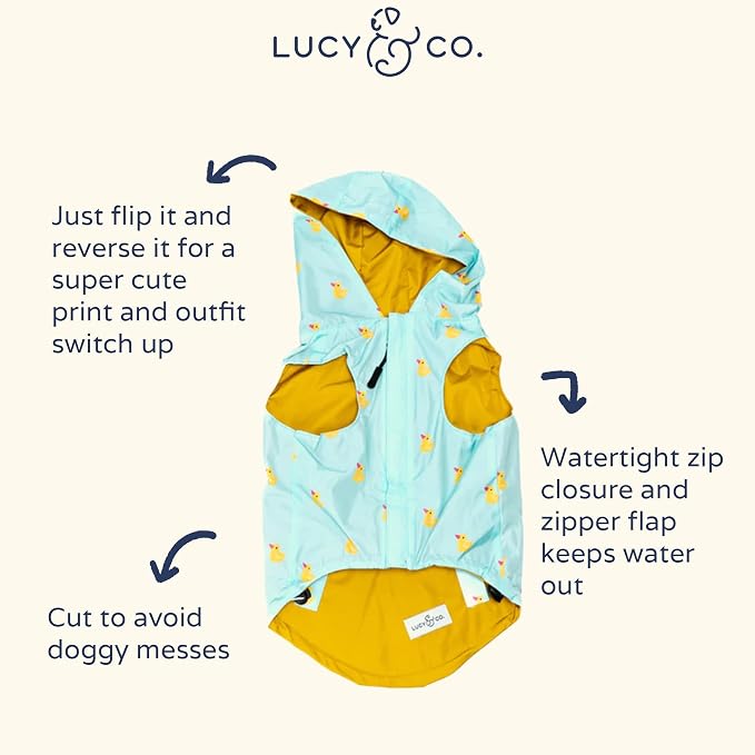 Lucy & Co. Lucky Ducky - Reversible Raincoat for Dogs & Pets - Dog Raincoat - Fashionable and Comfy Water Proof Adjustable Poncho for Canines - Small - Yellow Blue Rubber Duck