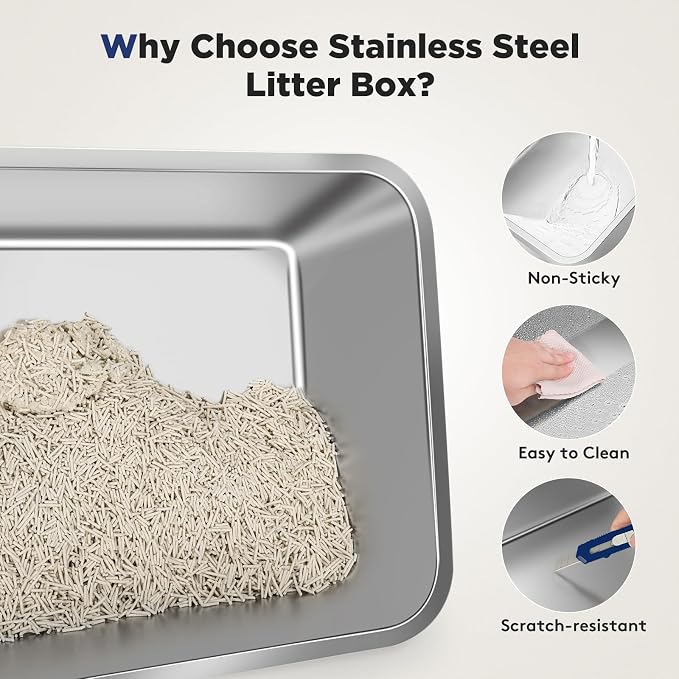 FURTIME XXXL Extra Large Enclosed Stainless Steel Litter Box with Lid | Large Enclosed Cat Litter Box for Big Cats, Metal Cat Box with High Sided Enclosure & Scoop, Grey