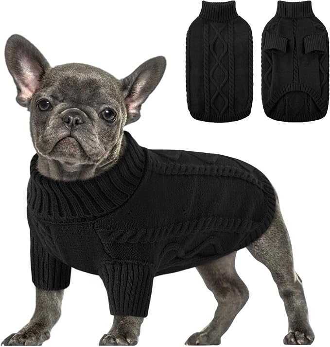 Queenmore Small Dog Pullover Sweater, Cold Weather Cable Knitwear, Classic Turtleneck Thick Warm Clothes for Chihuahua, Bulldog, Dachshund, Pug (Black, X-Large)