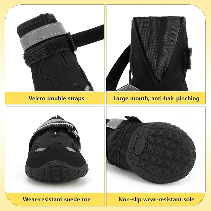 Dog Shoes for Large Dogs, 360°Anti Slip Medium Dog Boots & Paw Protectors Winter Snowy, Waterproof 4Pcs Dog Booties with Reflective Strips (Size 1: 1.57''x2.09''(W*L), Black)