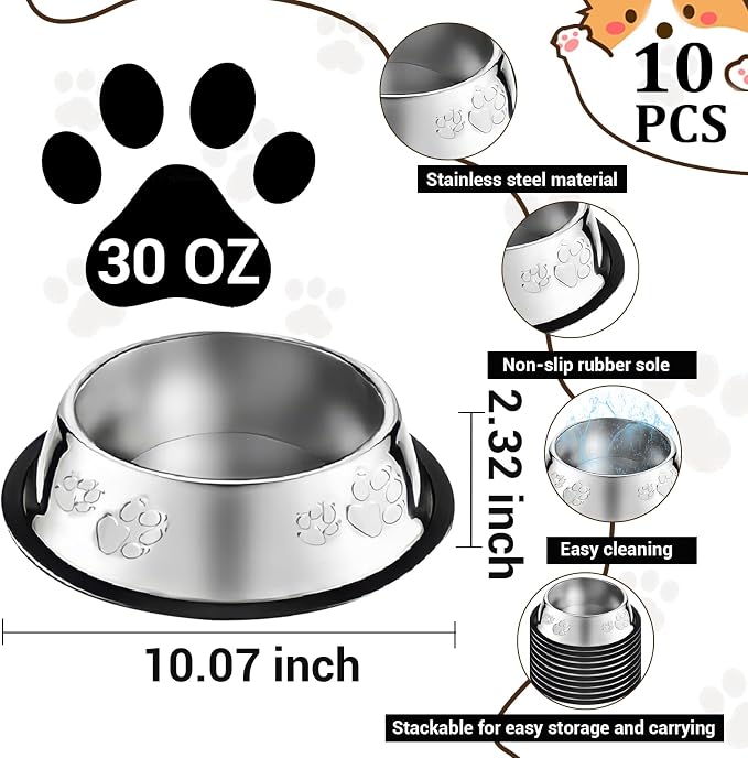 10 Pcs Stainless Steel Dog Bowl Pet Feeding Bowl with Rubber Base Non-Slip Pet Dishes Metal Dog Bowls Pet Food and Water Bowls for Small Medium Animals Kitten Rabbit (30 oz)