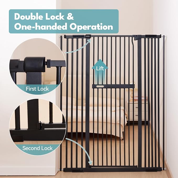 No Pawblems 55.1" Extra Tall Pet Gate, 29.9"-44.4" Wide Cat/Dog Gate, Black | No Drilling Pressure Mounted, 1.37" Narrow Bar Spacing, Auto Close Tall Cat Gate for Doorway Hallway, One-Hand Operation