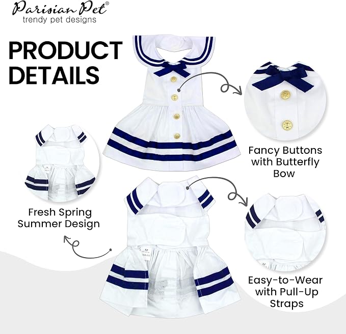 Parisian Pet Sailor Dog Dress - 100% Cotton Summer Clothes for Medium Dogs Girl - Nautical Pet Apparel - Stylish Dog Outfit - Lightweight and Breathable Puppy Clothes - Cute Dresses for Dogs