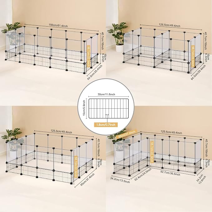 DINMO 28 Panels Bunny Playpen, Iron Net Bottom, 61.4" L x 25.4" W x 22.3" H | For Small Animals: Kittens, Guinea Pigs, Hamsters, Ferrets, Hedgehogs, Chicks & Ducklings, DIY, Expandable Portable Enclosure