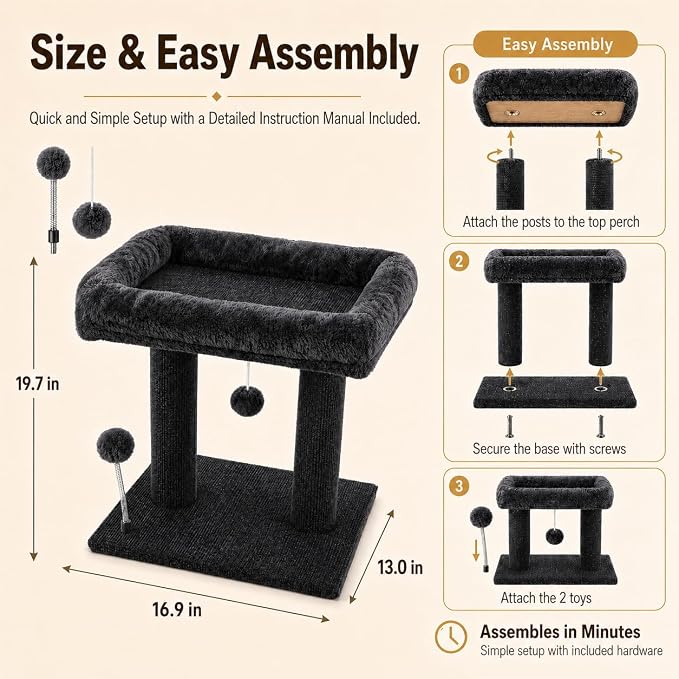 Small Cat Tree with Large Top Perch for Indoor Cats, Grey | Carpeted Scratching Post | Soft Plush Bed | Furniture Protecter | Small Cat Tower | Replacement Toy Balls | Space-Saving