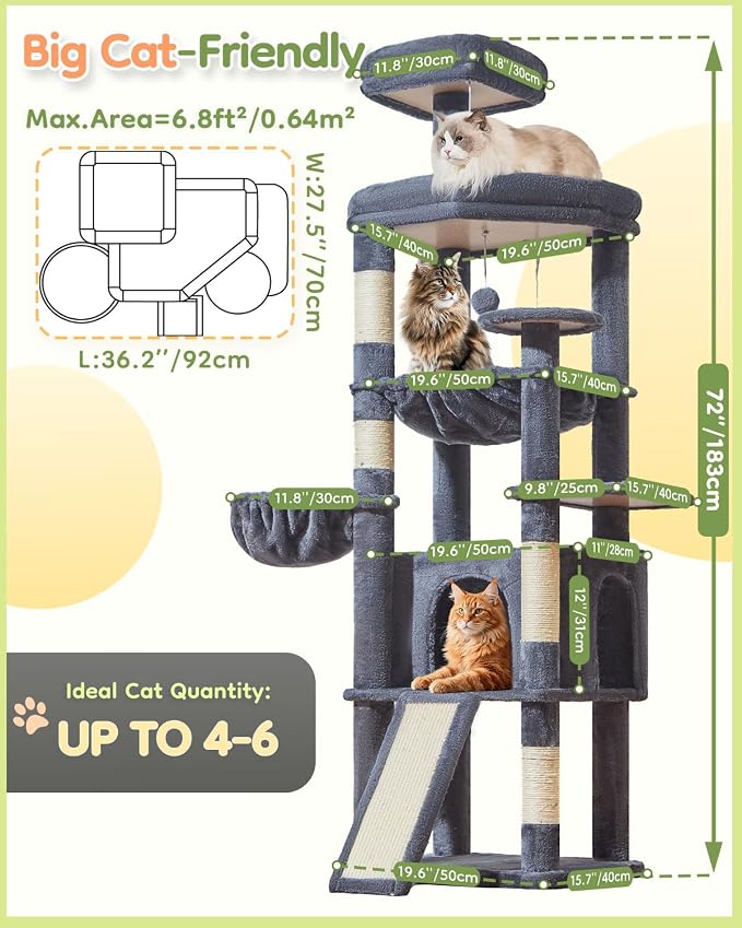 Taoqimiao Cat Tree for Large Cats, 72In Tall Cat Tower, Giant Platform | Widened Cat Condo with Large Scratch Board, 5 Scratching Posts, Metal Frame Hammcock, Cozy Basket, Smoky Gray, MS045G