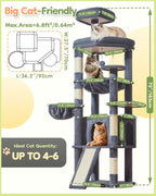 Taoqimiao Cat Tree for Large Cats, 72In Tall Cat Tower, Giant Platform | Widened Cat Condo with Large Scratch Board, 5 Scratching Posts, Metal Frame Hammcock, Cozy Basket, Smoky Gray, MS045G
