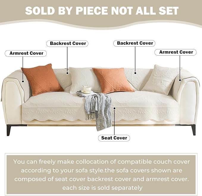 Leaf Floral Cotton Quilted Dog Couch Cover for Sofa Farmhouse Rustic Embroidered Sectional Couch Cover Soft Anti-Slip Sofa Slipcover Furniture Protector for Kids, Pets (Beige,28"x28")