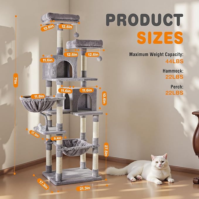 Large 71 Inch Tall Cat Tree Tower for Indoor Cats, Light Grey | Multi-Level Tall Cat Tree Tower with Condo, Perches, Sisal Scratching Posts and Hammock, Pet Play House with Dangling Balls