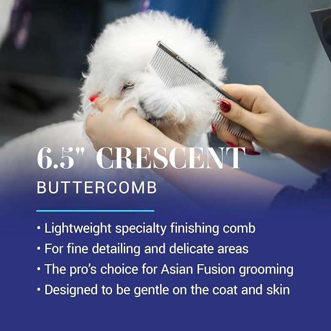 Chris Christensen 00C 6.5 in Crescent Coarse/Fine Finishing Butter Comb, Groom Like a Professional, Rounded Corners Prevent Friction and Breakage, Solid Brass Spin with Steel Teeth, Chrome Finish
