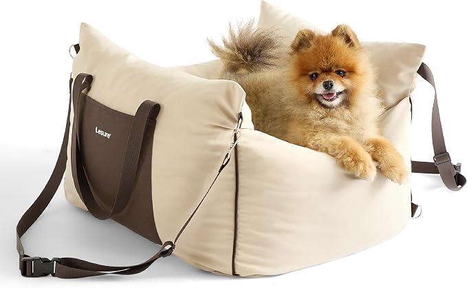Lesure Small Dog Car Seat for Small Dogs - Dog Booster Seat for Car with Waterproof Bottom, Clip-On Safety Leash and Thickened Memory Foam Filling, Pet Carseat Puppy Travel Carrier Bed, Beige