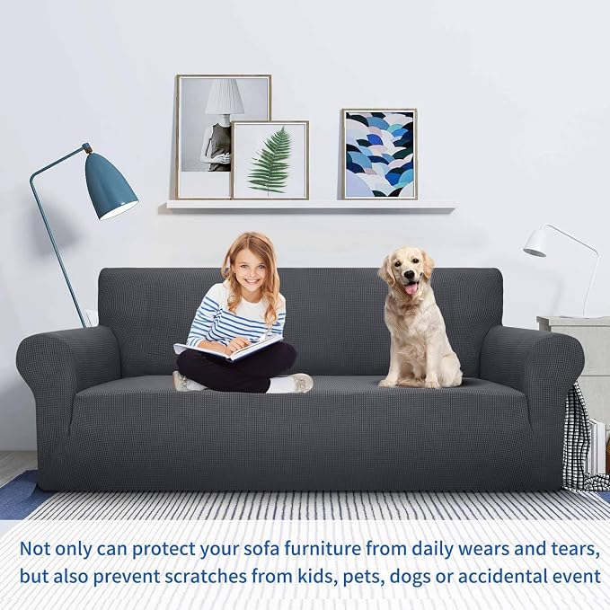 MAXIJIN Super Stretch Couch Cover for 3 Cushion Couch, 1-Piece Universal Sofa Covers Living Room Jacquard Spandex Furniture Protector Dogs Pet Friendly Fitted (Large, Gray)