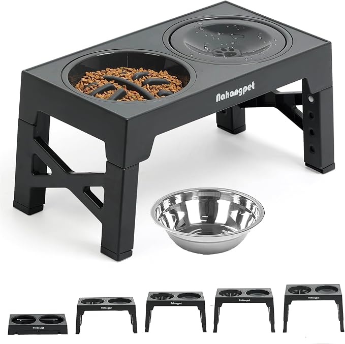 3-in-1 Elevated Slow Feeder Dog Bowls for Food and Water, 5 Heights Adjustable Raised Dog Bowls, Non-Slip, No Spill, for Small Medium Large Dogs and Cats(Grey)