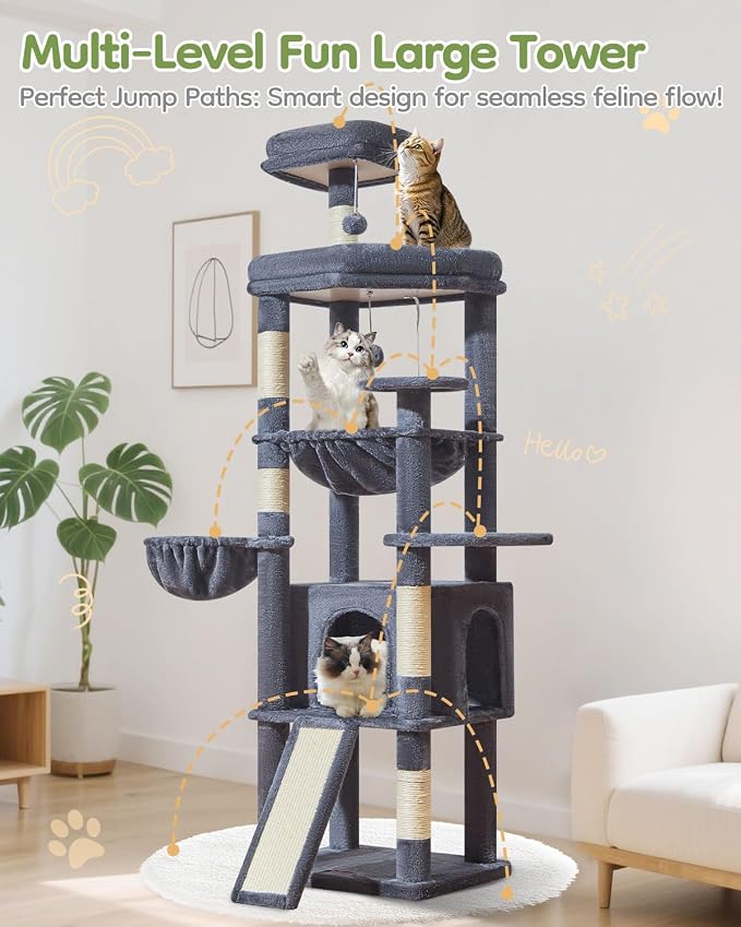 Taoqimiao Cat Tree for Large Cats, 72In Tall Cat Tower, Giant Platform | Widened Cat Condo with Large Scratch Board, 5 Scratching Posts, Metal Frame Hammcock, Cozy Basket, Smoky Gray, MS045G
