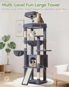 Taoqimiao Cat Tree for Large Cats, 72In Tall Cat Tower, Giant Platform | Widened Cat Condo with Large Scratch Board, 5 Scratching Posts, Metal Frame Hammcock, Cozy Basket, Smoky Gray, MS045G
