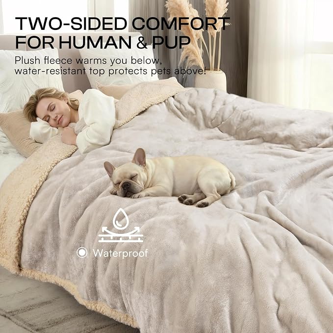 Luciphia Waterproof Pet Blanket, Liquid Pee Proof Dog Blanket for Sofa Bed Couch, Reversible Sherpa Fleece Furniture Protector Cover for Small Medium Large Dogs Cats, Grey Beige Large（65" x 57"） | waterproof pet blanket sherpa fleece reversible couch c...