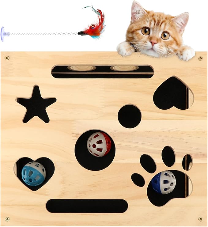 Cat Nail File Box, Wooden Scratch Puzzle Enrichment Box, Textured Nail Filing Surface, Includes Bell Ball and Cat Teasing Stick, for Indoor Cats