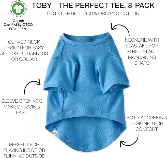 Pet Passion Toby II - The Perfect Tee, 8 Pack Short Sleeve Pet T-Shirt 100% Organic Cotton Tees Clothes for Small, Medium, Large Dogs, Rainbow Blue, X-Small