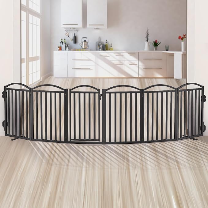Malier Metal Freestanding Dog Gates with Door, Outdoor Indoor Dog Fences, Extra Wide Foldable Puppy Gate for Stairs, Hallways, Yard (Black, 120''W × 32''H【6 Panels】)