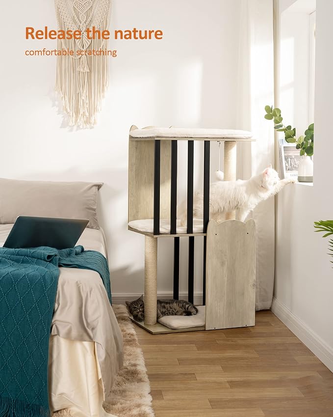 FourFurPets 43.8in 3-Tier Modern Cat Tree Tower Condo, Cat Scratch Posts for Indoor Cats, Big Plate, Two 19.7in Full Sisal Scratching Posts, Greige