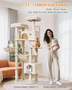 Taoqimiao Cat Tree, 71 in Extra Large Cat Tower for Inddor Cats, MS026LM | 2 Large Cat Condos, 2 Cute Perches, Metal Frame Cozy Hammock, Durable Scratch Board, 8 Natural Sisal Posts, Basket, Beige