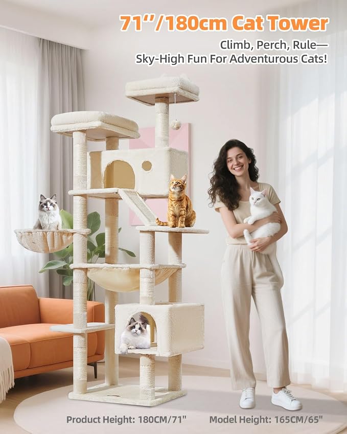 Taoqimiao Cat Tree, 71 in Extra Large Cat Tower for Inddor Cats, MS026LM | 2 Large Cat Condos, 2 Cute Perches, Metal Frame Cozy Hammock, Durable Scratch Board, 8 Natural Sisal Posts, Basket, Beige