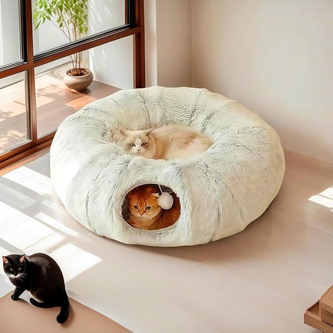 Large Cat Tunnel Bed for Indoor Cats with Hanging Pompom Toys | all-in-one donut cat bed for resting and playing, supports up to 22 lbs (33.46x33.46x11.49, Gray)