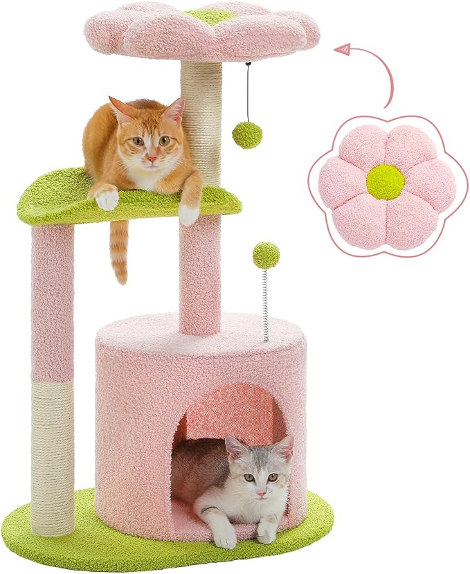 PAWZ Road Flower Cat Tree 32" Small Cat Tower with Curved Perch Bed | Colorful Cat Tower with Cozy Condo, Curved Perch,Toy Balls & Sisal Scratching Post,Small Cat Tower for Small Cats & kittens