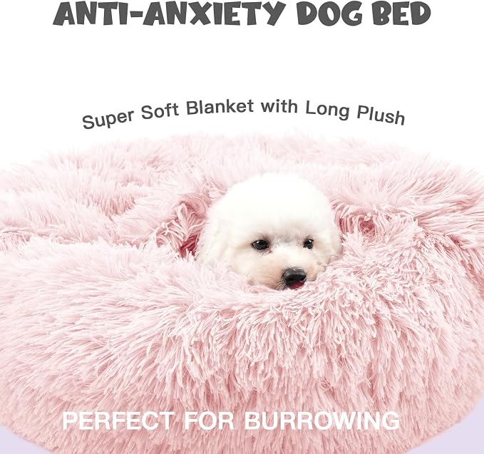 Himax 20in Covered Small Dog Bed with Blanket Attached Calming Burrow Pink | Dog Beds for Small Dogs, Anti-Anxiety Donut dog bed with cover, Washable Round Fluffy Pet Beds