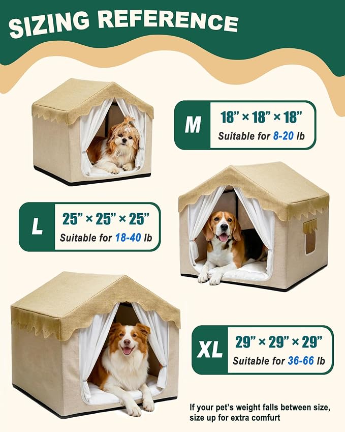 Indoor Dog House, Breeze Pet Tent with Sturdy Frame & Window, Dog Cave Bed with Washable Cover for Small-Medium Dogs (18-40 lb), 25", Cream