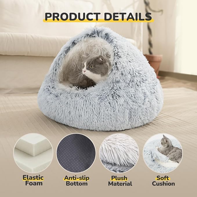 CATISM Cat Bed, Plush Hooded Cat Beds for Indoor Cats | Warm Soft Plush Comfortable Removable Washable Non-Slip Bottom
